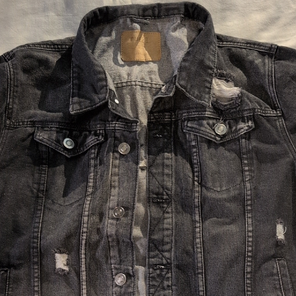 Rue21 Black Distressed Denim Jacket with Button Closure XXL